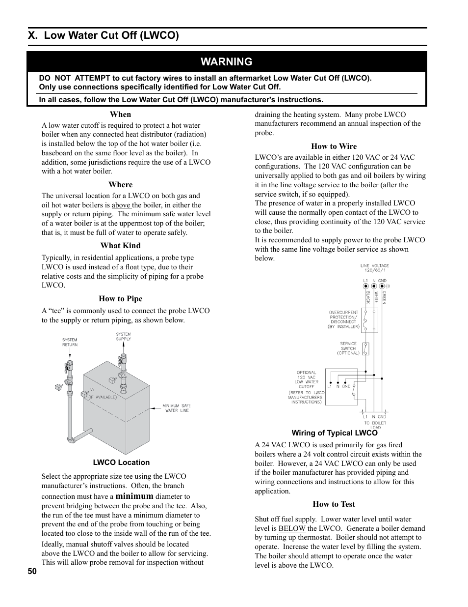 X. low water cut off (lwco), Warning | Burnham RSA User Manual | Page 50 / 52