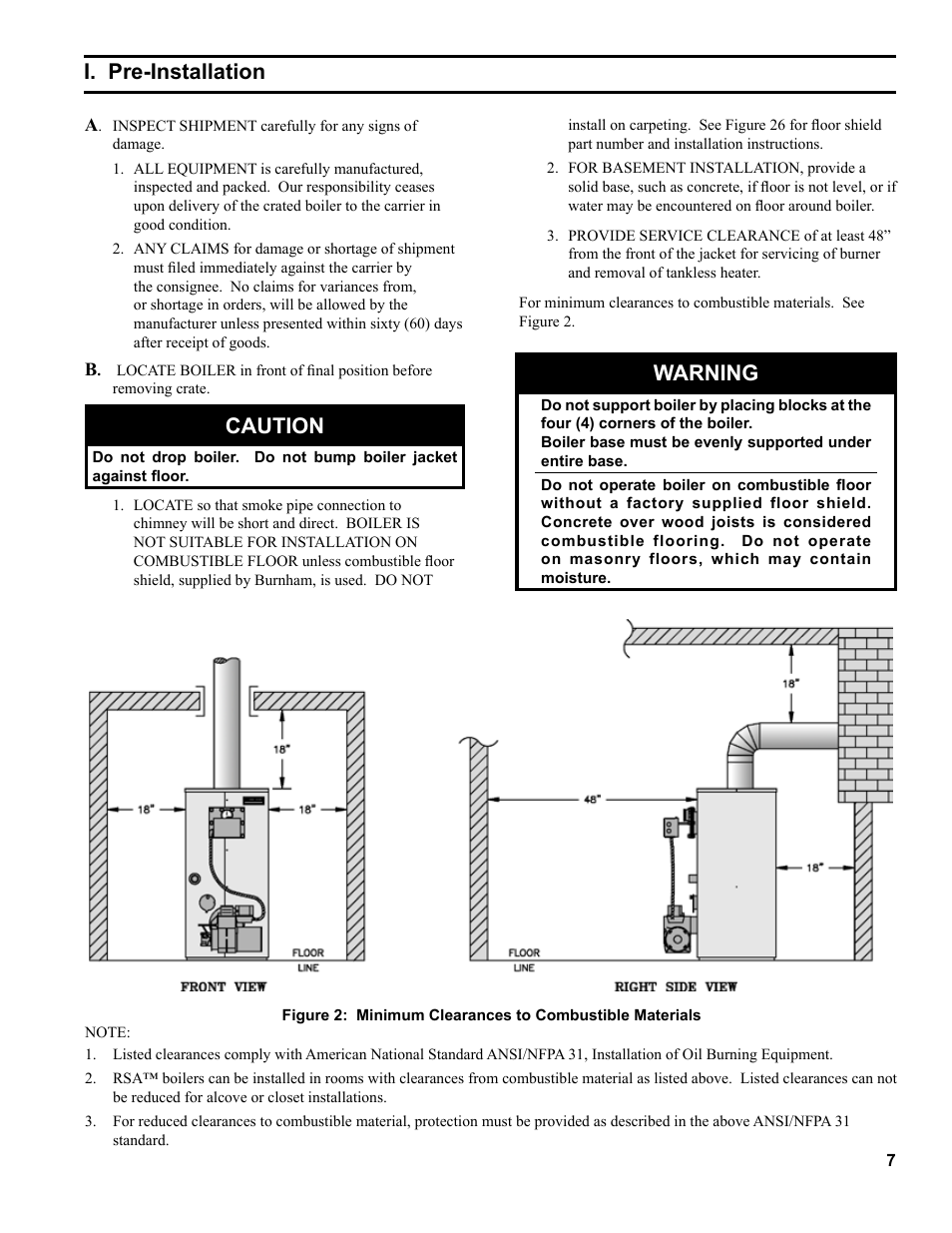 Caution, I. pre-installation, Warning | Burnham RSA User Manual | Page 7 / 52