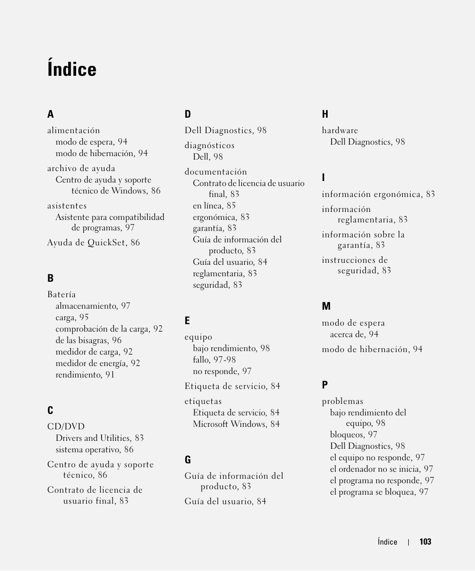 Índice | Dell Latitude D830 (Early 2007) User Manual | Page 103 / 104
