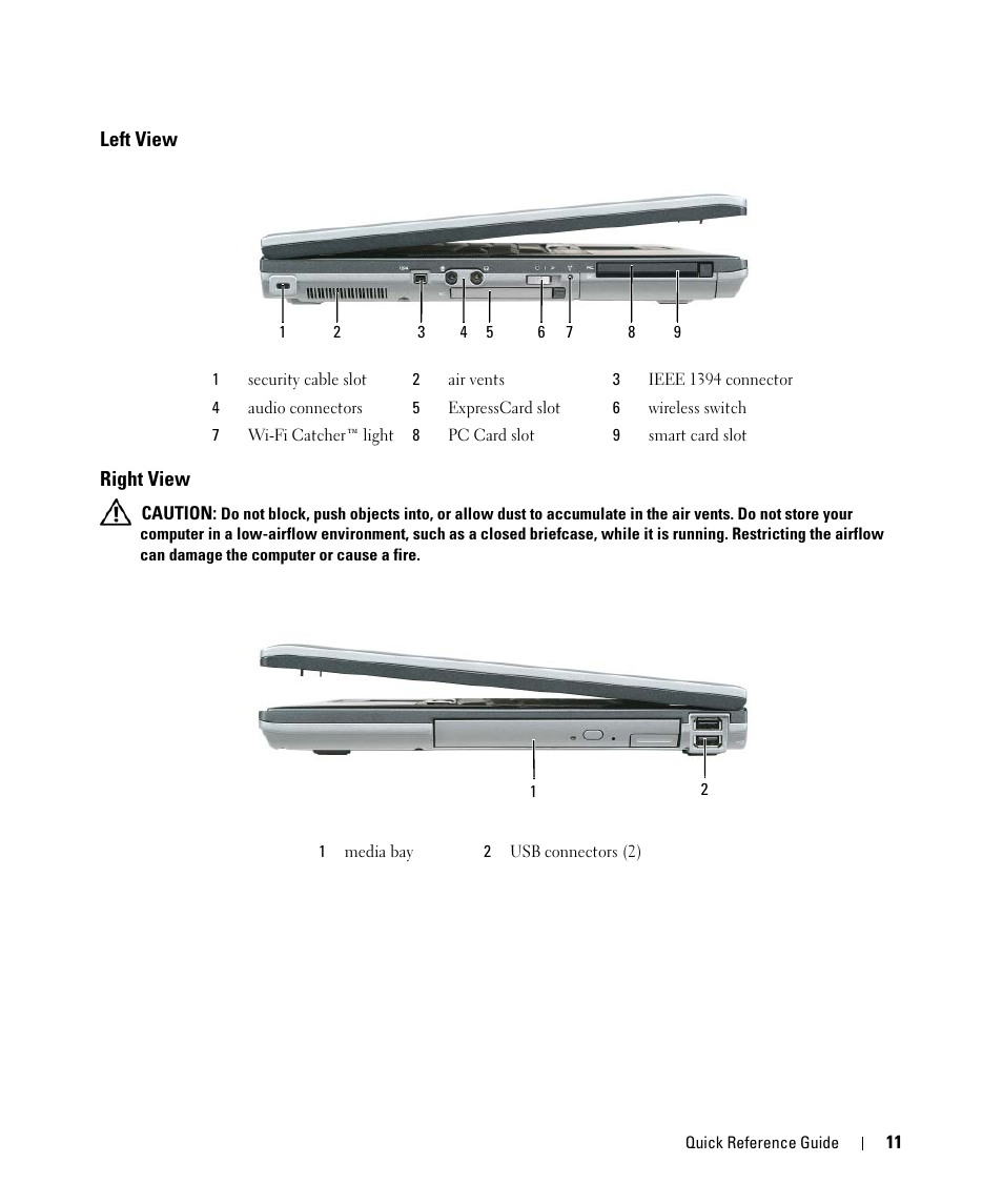 Left view, Right view, Left view right view | Dell Latitude D830 (Early 2007) User Manual | Page 11 / 104