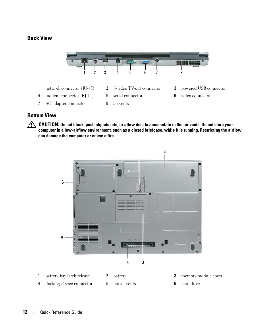 Back view, Bottom view, Back view bottom view | Dell Latitude D830 (Early 2007) User Manual | Page 12 / 104