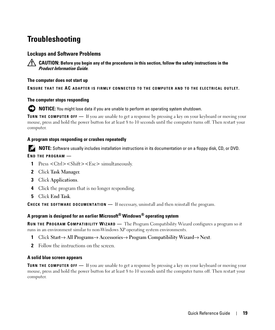 Troubleshooting, Lockups and software problems | Dell Latitude D830 (Early 2007) User Manual | Page 19 / 104