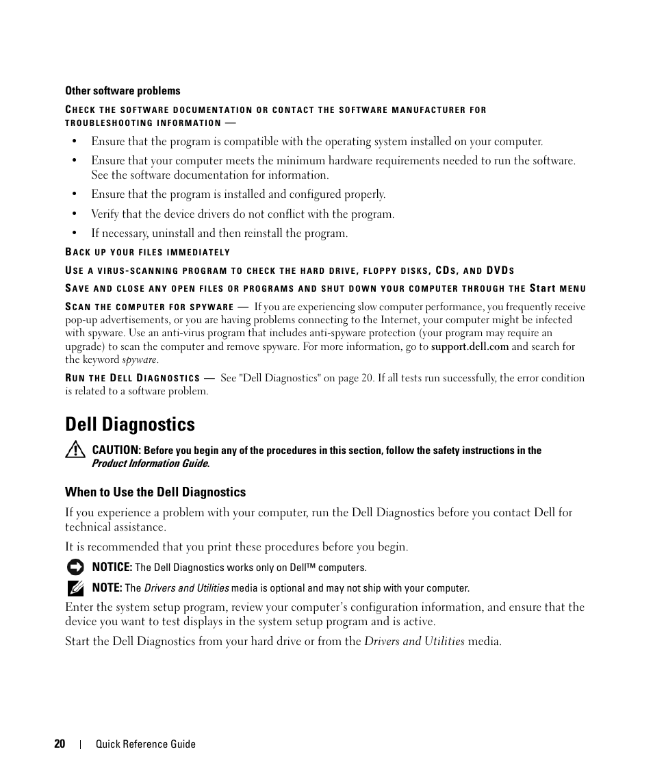 Dell diagnostics, When to use the dell diagnostics | Dell Latitude D830 (Early 2007) User Manual | Page 20 / 104