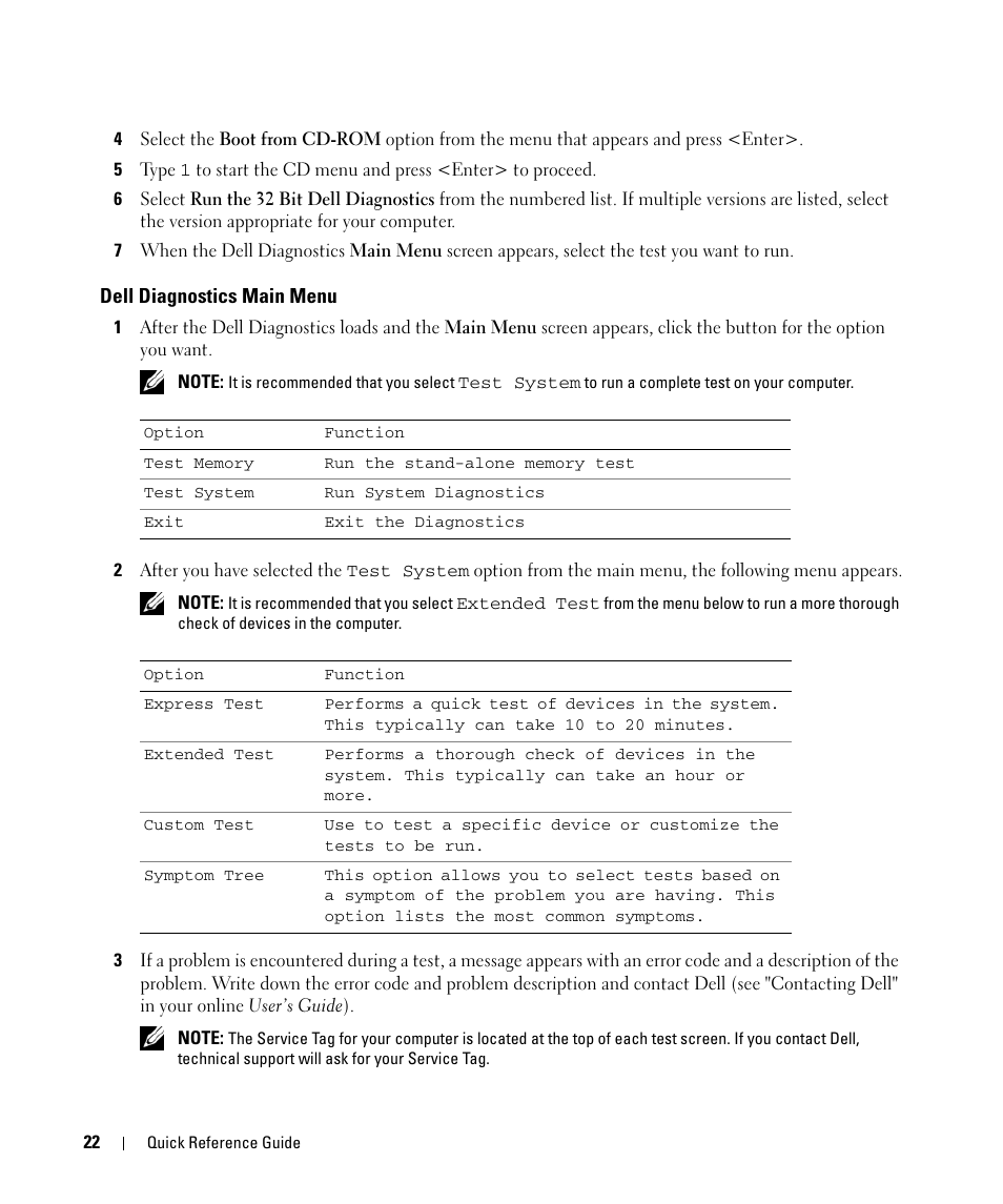 Dell diagnostics main menu | Dell Latitude D830 (Early 2007) User Manual | Page 22 / 104