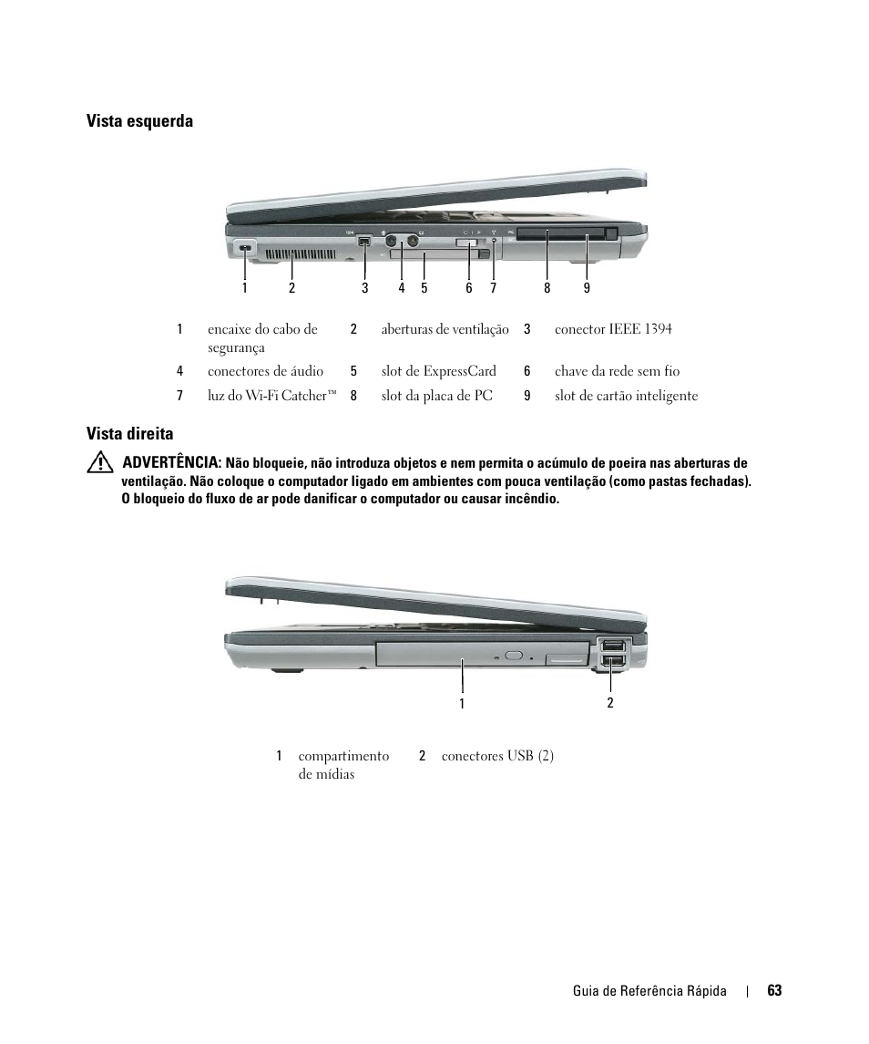 Vista esquerda, Vista direita, Vista esquerda vista direita | Dell Latitude D830 (Early 2007) User Manual | Page 63 / 104