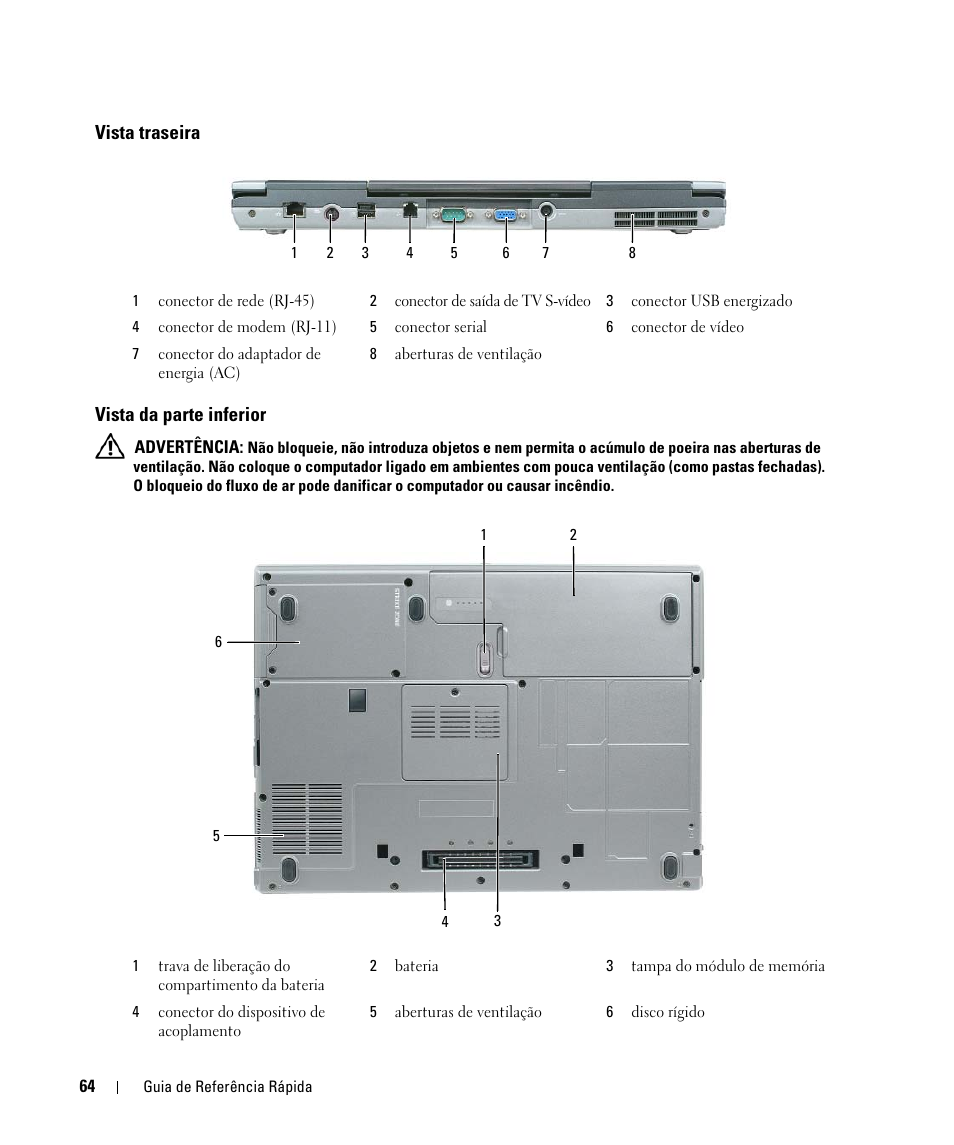 Vista traseira, Vista da parte inferior, Vista traseira vista da parte inferior | Dell Latitude D830 (Early 2007) User Manual | Page 64 / 104