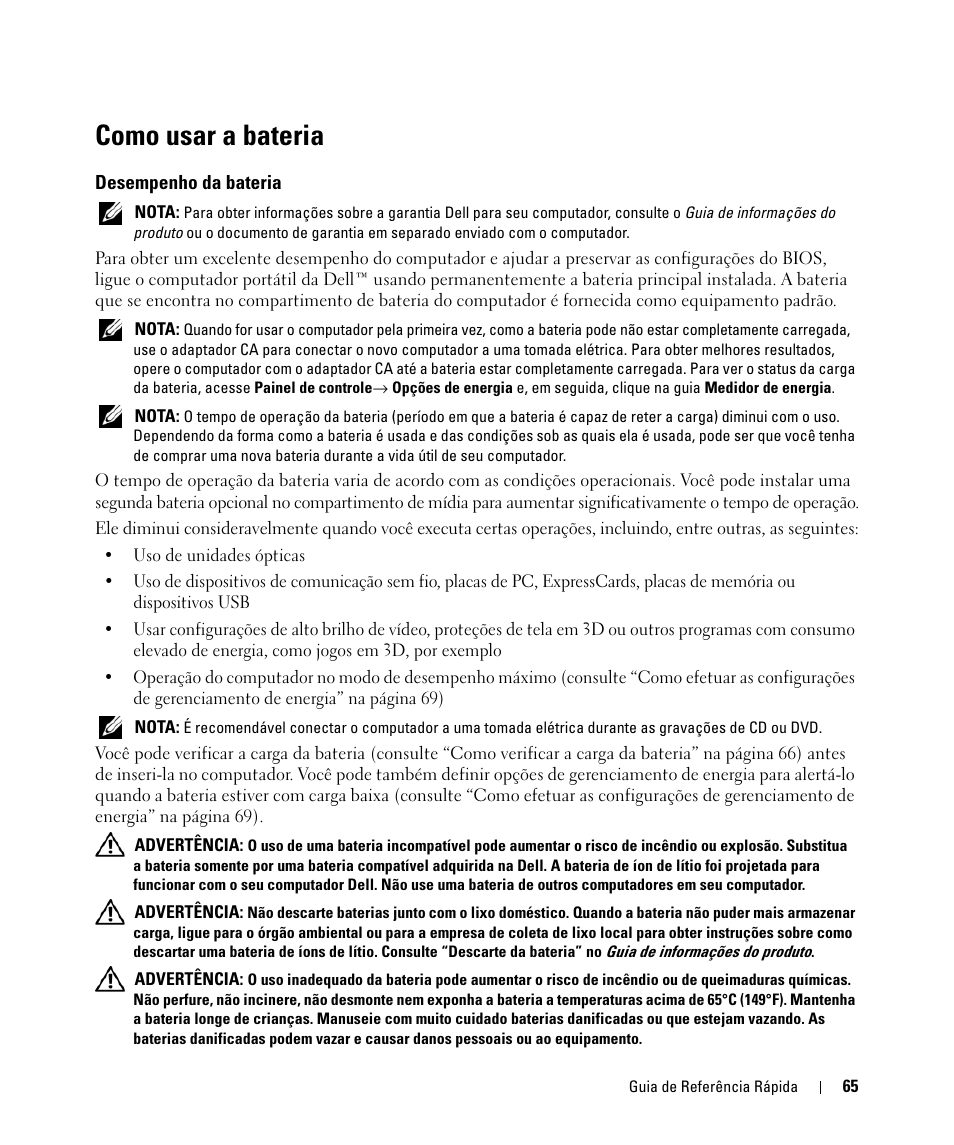 Como usar a bateria, Desempenho da bateria | Dell Latitude D830 (Early 2007) User Manual | Page 65 / 104