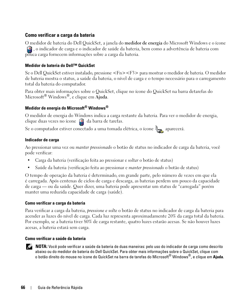Como verificar a carga da bateria | Dell Latitude D830 (Early 2007) User Manual | Page 66 / 104