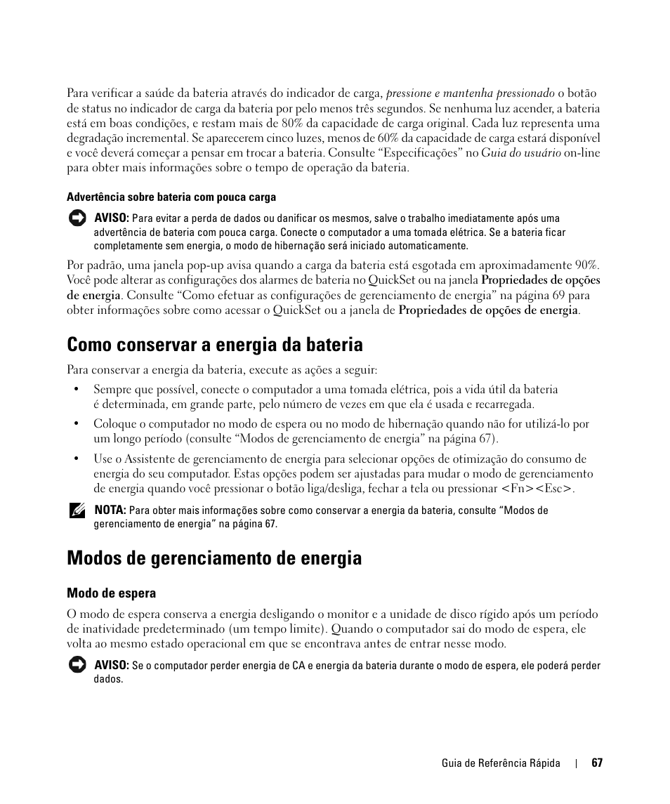 Como conservar a energia da bateria, Modos de gerenciamento de energia, Modo de espera | Dell Latitude D830 (Early 2007) User Manual | Page 67 / 104