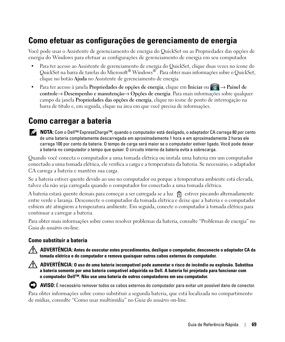 Como carregar a bateria, Como substituir a bateria | Dell Latitude D830 (Early 2007) User Manual | Page 69 / 104