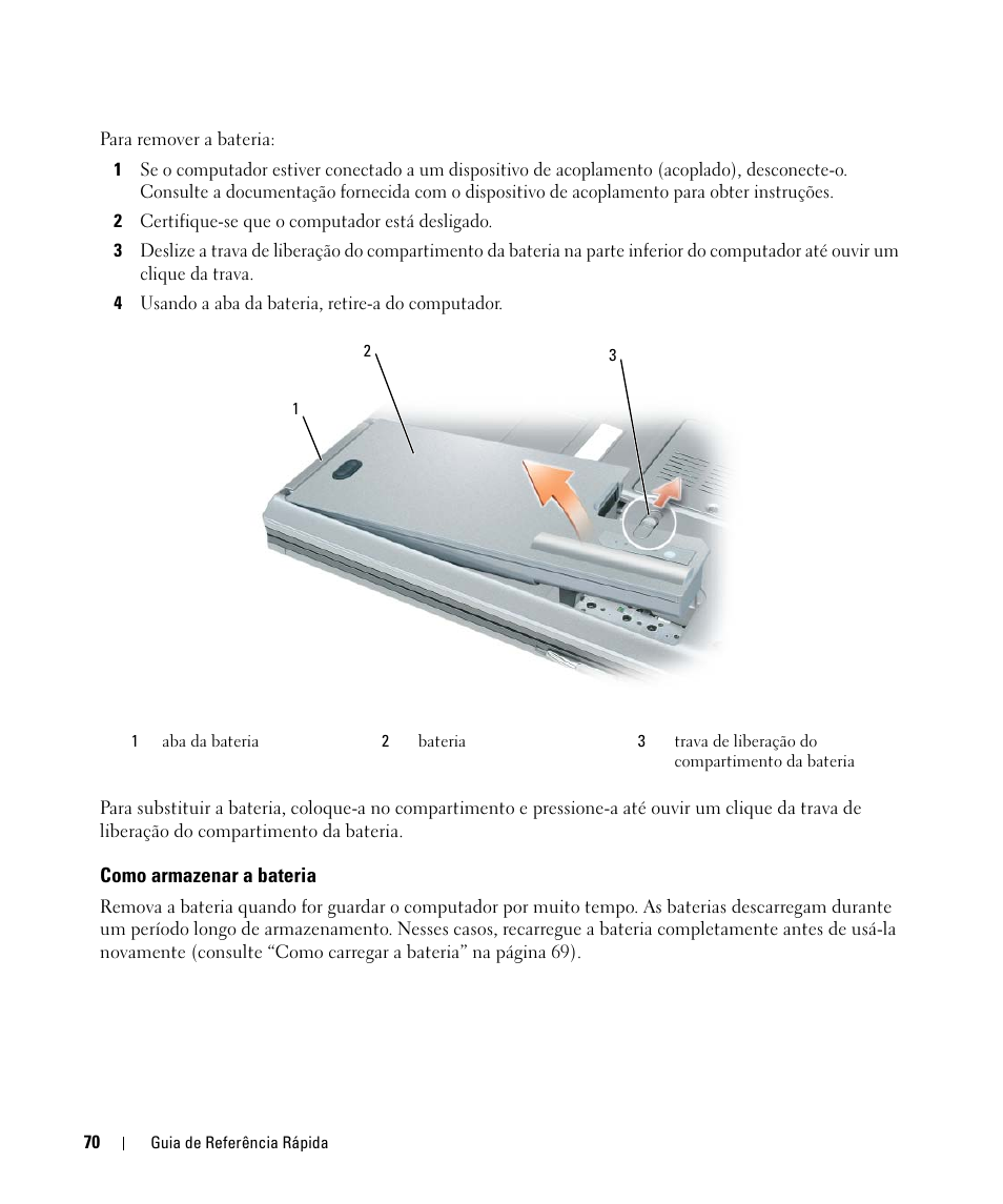 Como armazenar a bateria | Dell Latitude D830 (Early 2007) User Manual | Page 70 / 104