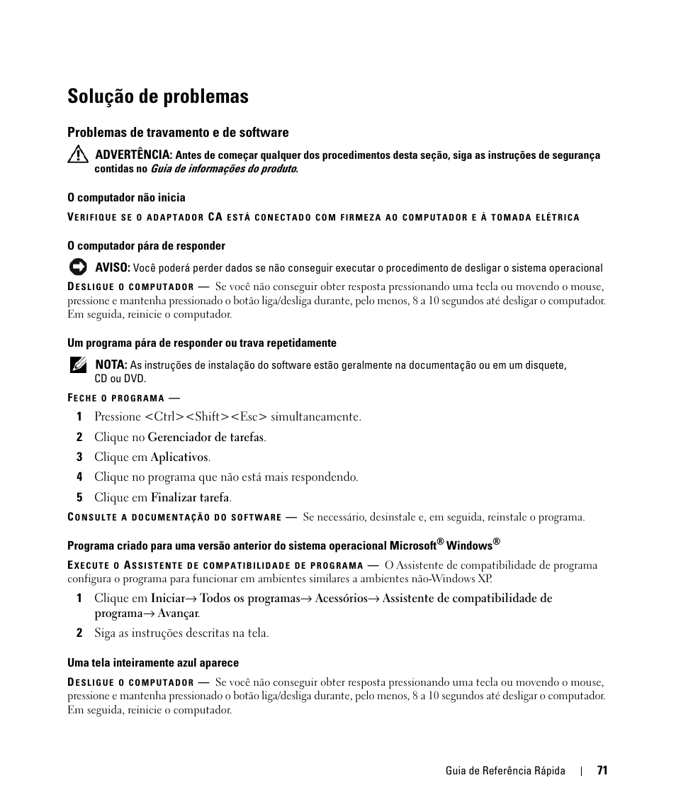 Solução de problemas, Problemas de travamento e de software | Dell Latitude D830 (Early 2007) User Manual | Page 71 / 104