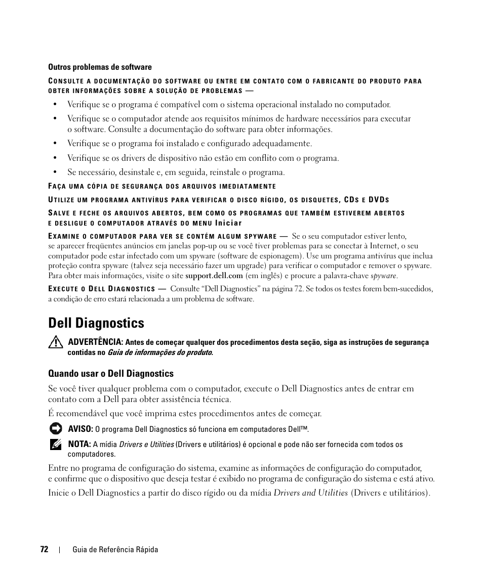 Dell diagnostics, Quando usar o dell diagnostics | Dell Latitude D830 (Early 2007) User Manual | Page 72 / 104