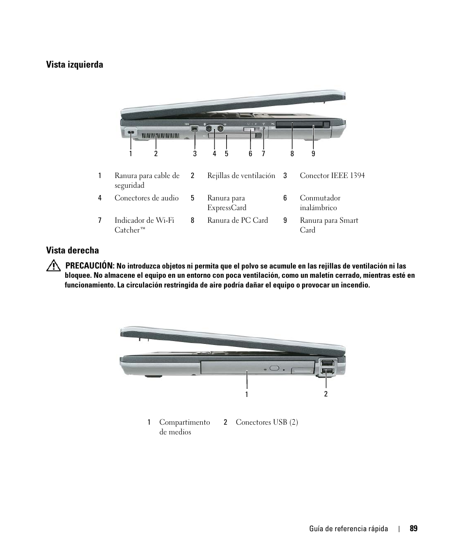 Vista izquierda, Vista derecha, Vista izquierda vista derecha | Dell Latitude D830 (Early 2007) User Manual | Page 89 / 104