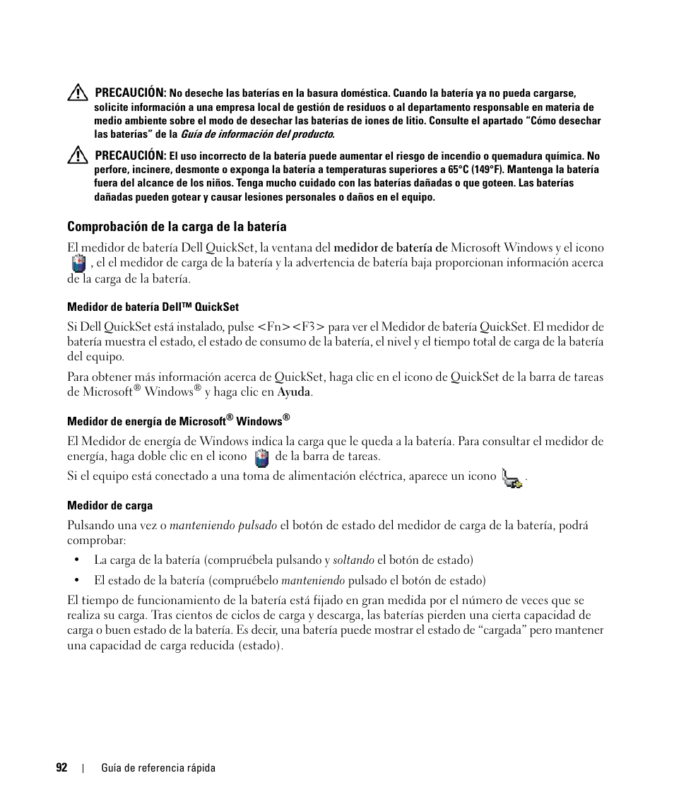 Comprobación de la carga de la batería | Dell Latitude D830 (Early 2007) User Manual | Page 92 / 104