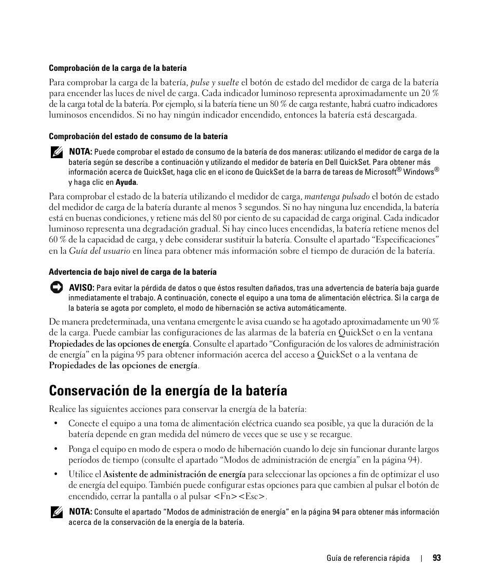 Conservación de la energía de la batería | Dell Latitude D830 (Early 2007) User Manual | Page 93 / 104