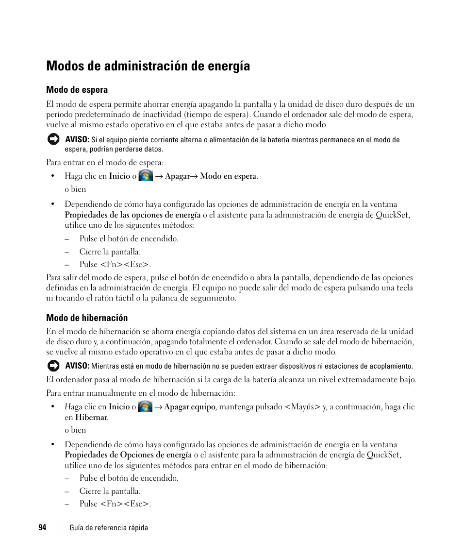 Modos de administración de energía, Modo de espera, Modo de hibernación | Dell Latitude D830 (Early 2007) User Manual | Page 94 / 104