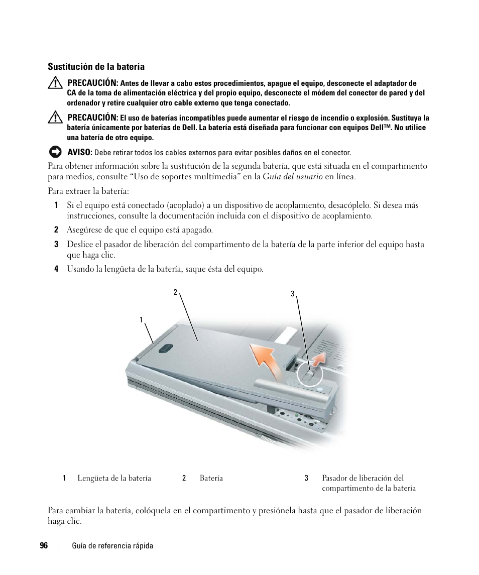 Sustitución de la batería | Dell Latitude D830 (Early 2007) User Manual | Page 96 / 104
