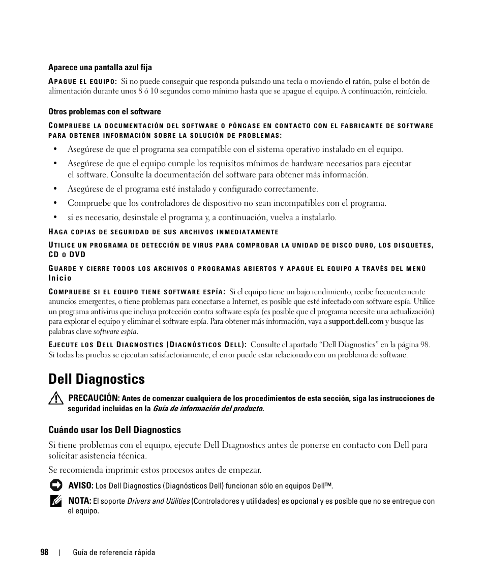 Dell diagnostics, Cuándo usar los dell diagnostics | Dell Latitude D830 (Early 2007) User Manual | Page 98 / 104