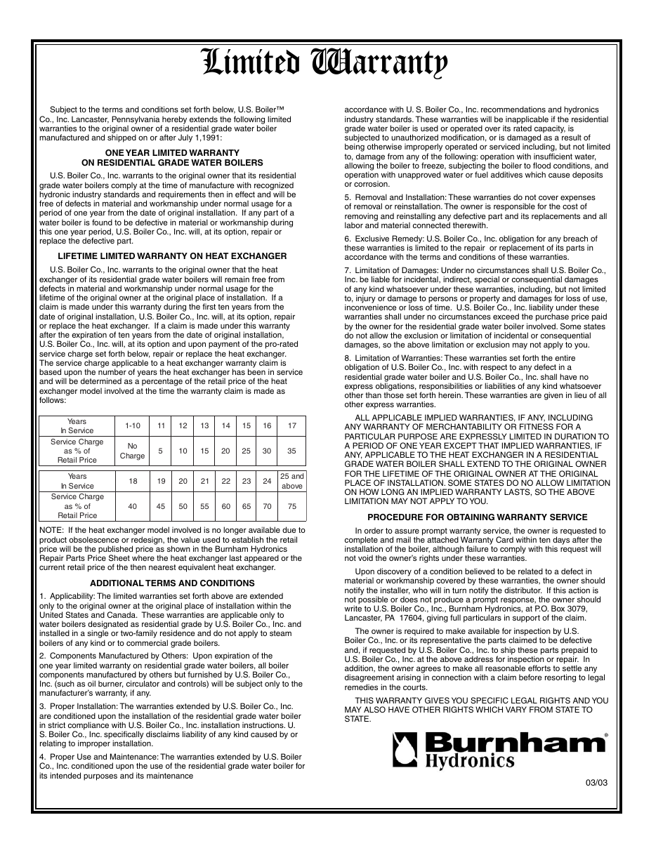 Limited warranty, For residential cast iron water boilers | Burnham E4 User Manual | Page 8 / 8