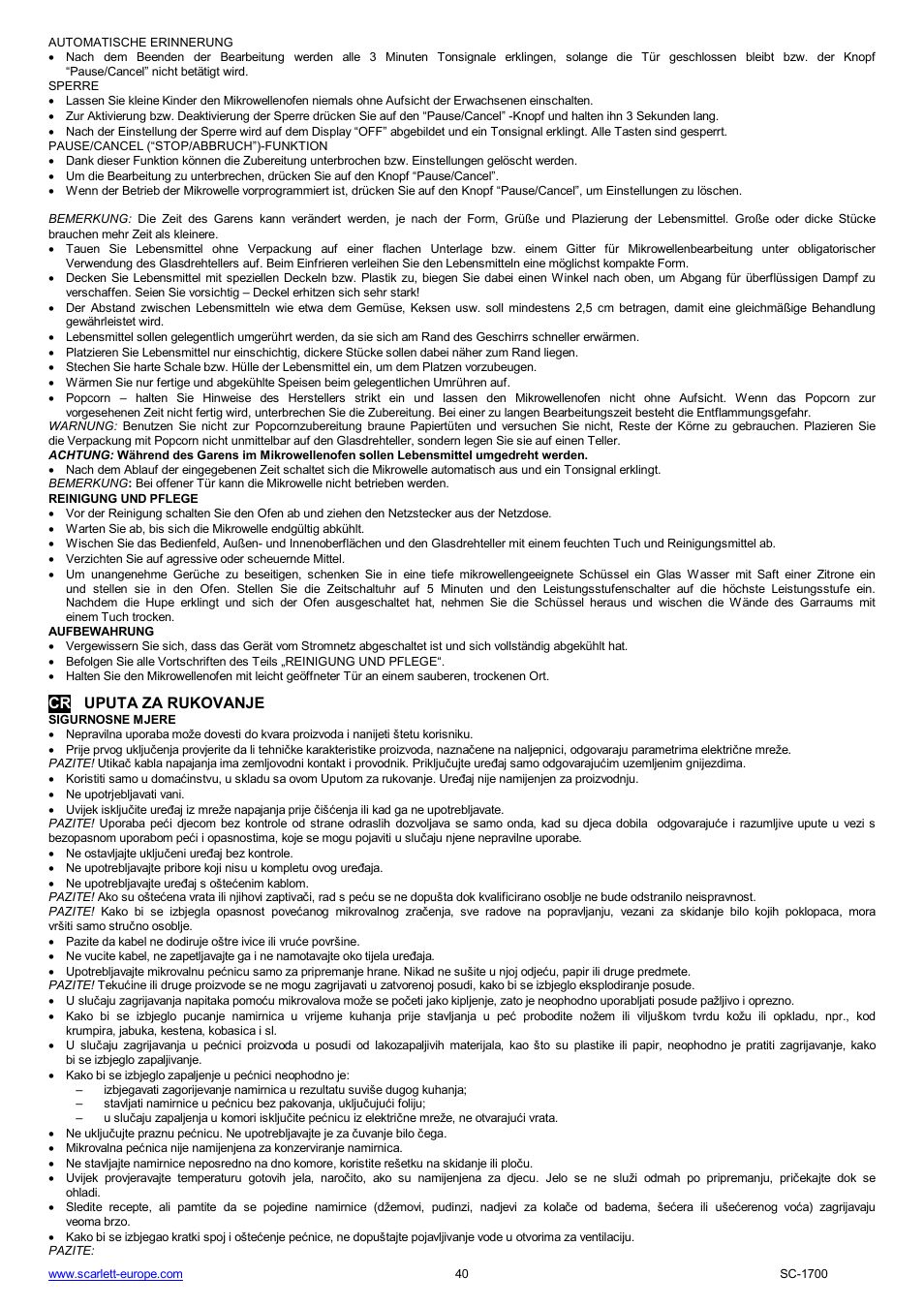Cr uputa za rukovanje | Scarlett SC-1700 User Manual | Page 40 / 43