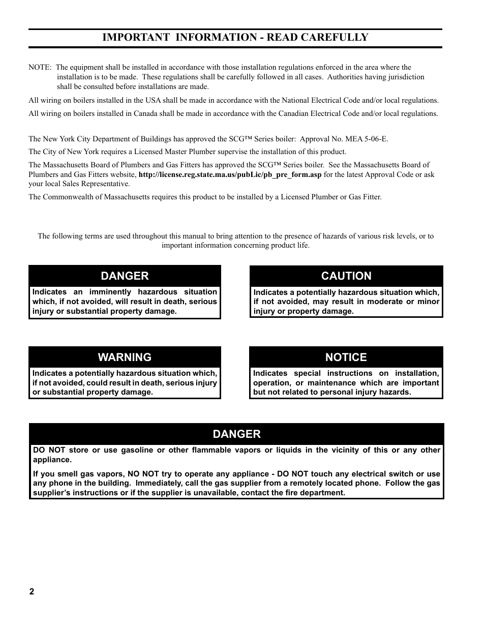 Important information - read carefully, Danger, Caution | Warning, Notice | Burnham SCG 1100-H4 User Manual | Page 2 / 96