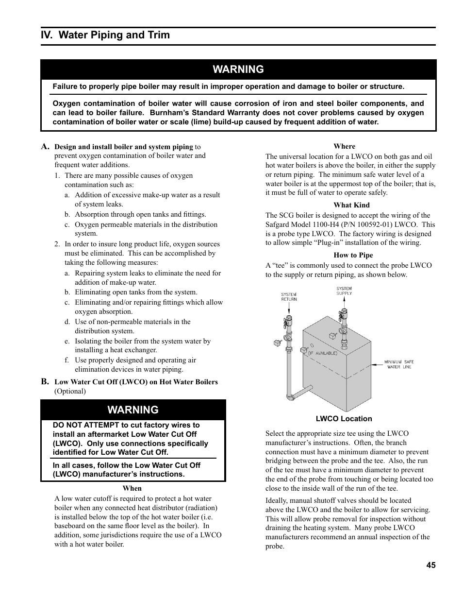 Warning, Iv. water piping and trim | Burnham SCG 1100-H4 User Manual | Page 45 / 96