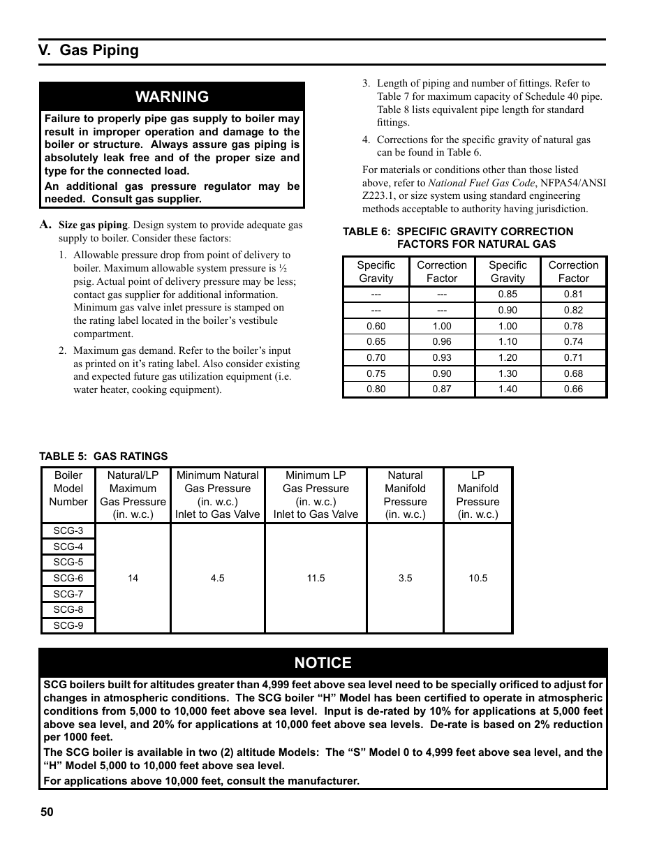 V. gas piping, Warning, Notice | Burnham SCG 1100-H4 User Manual | Page 50 / 96
