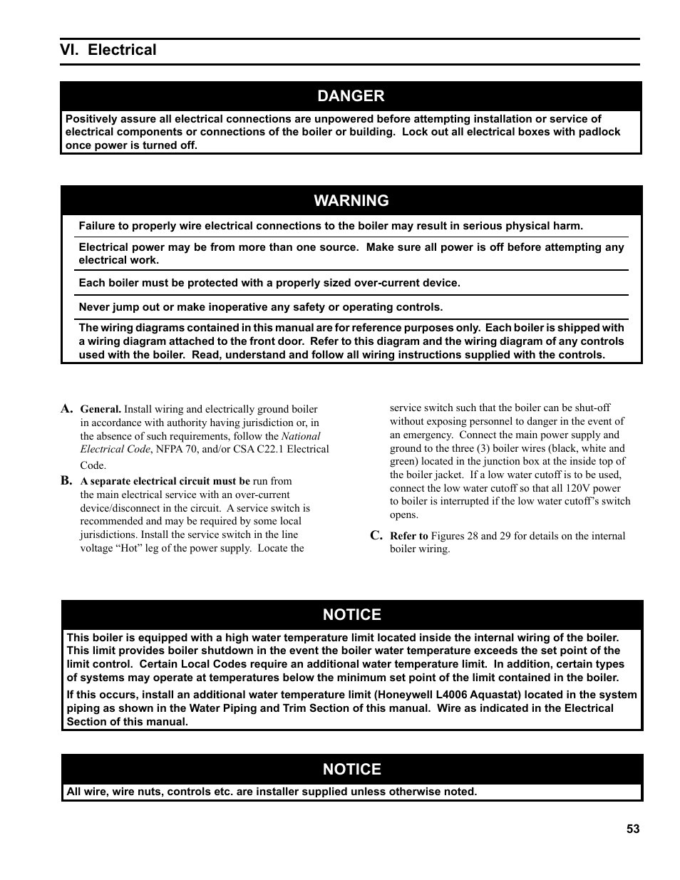 Vi. electrical, Danger, Warning | Notice | Burnham SCG 1100-H4 User Manual | Page 53 / 96