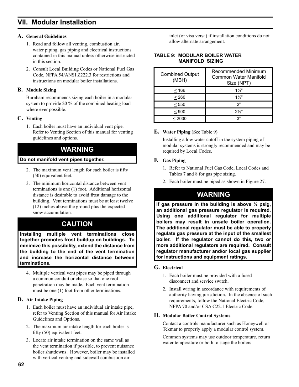 Warning, Caution, Vii. modular installation | Burnham SCG 1100-H4 User Manual | Page 62 / 96