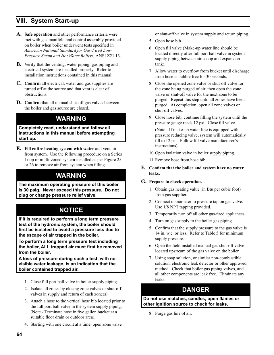 Warning, Notice, Viii. system start-up | Danger | Burnham SCG 1100-H4 User Manual | Page 64 / 96