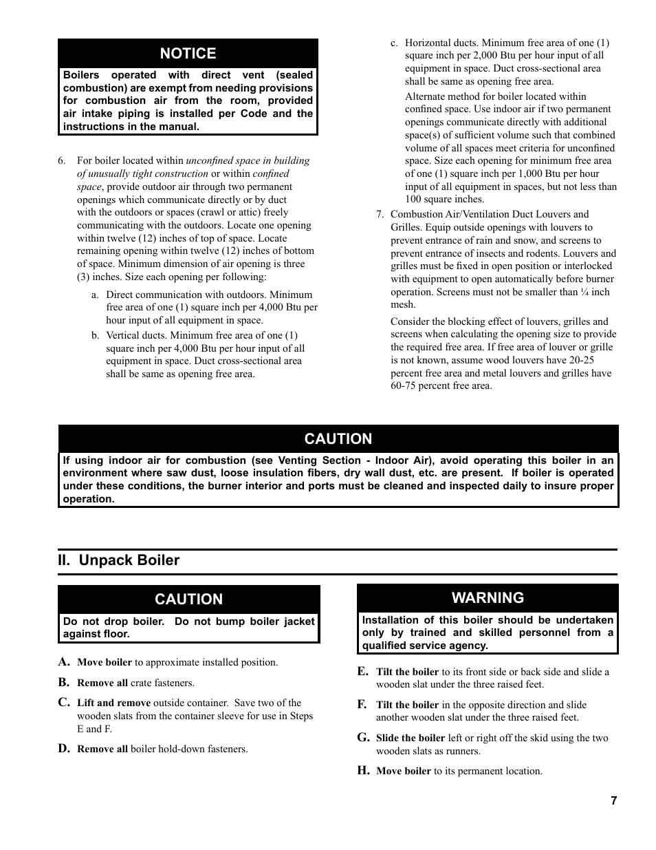 Ii. unpack boiler caution, Warning, Notice | Caution | Burnham SCG 1100-H4 User Manual | Page 7 / 96