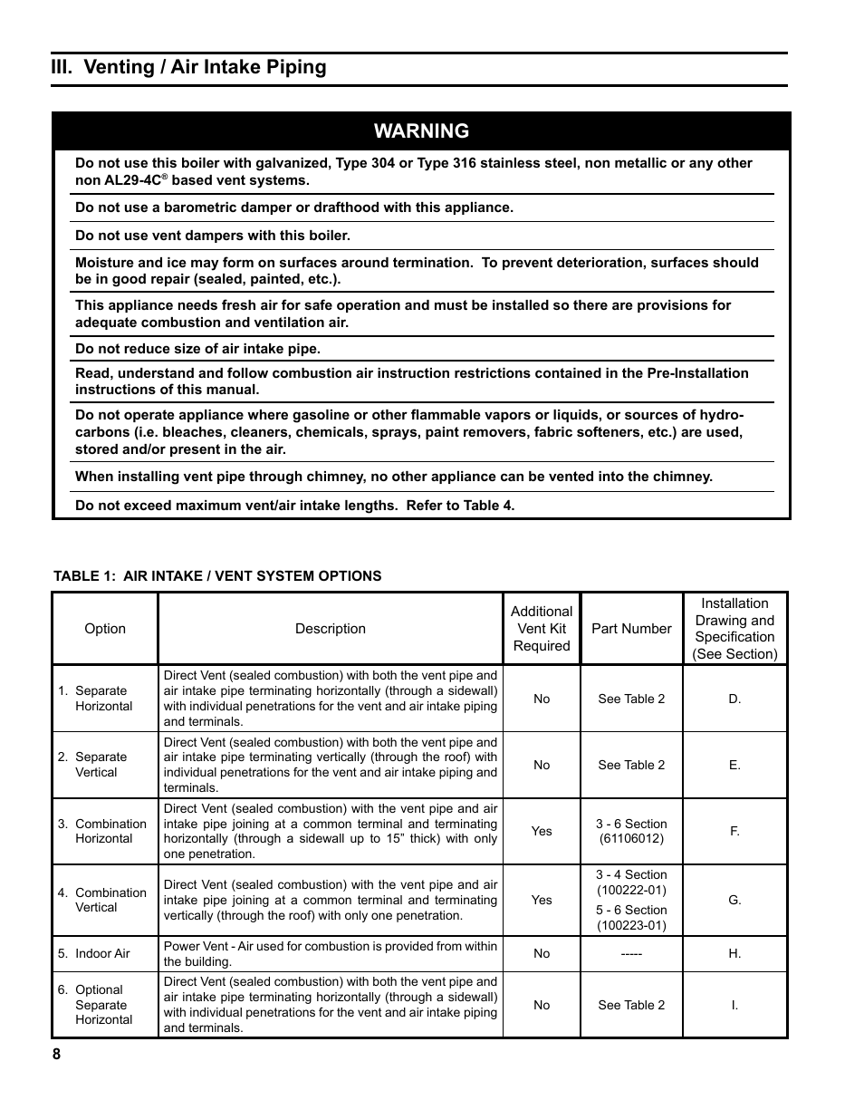 Iii. venting / air intake piping, Warning | Burnham SCG 1100-H4 User Manual | Page 8 / 96