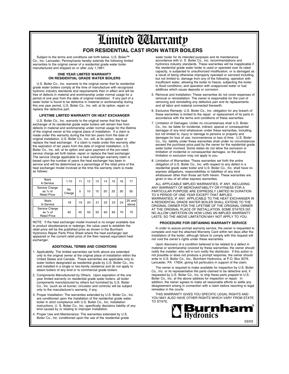 Limited warranty, For residential cast iron water boilers | Burnham SCG 1100-H4 User Manual | Page 96 / 96