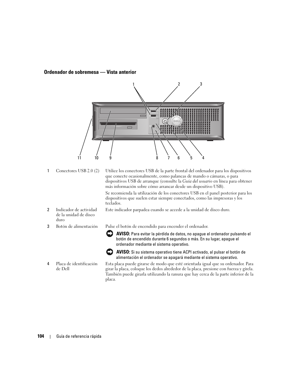 Ordenador de sobremesa - vista anterior, Ordenador de sobremesa — vista anterior | Dell OptiPlex 320 User Manual | Page 104 / 132