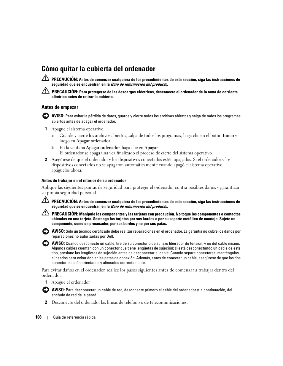 Cómo quitar la cubierta del ordenador, Antes de empezar | Dell OptiPlex 320 User Manual | Page 108 / 132