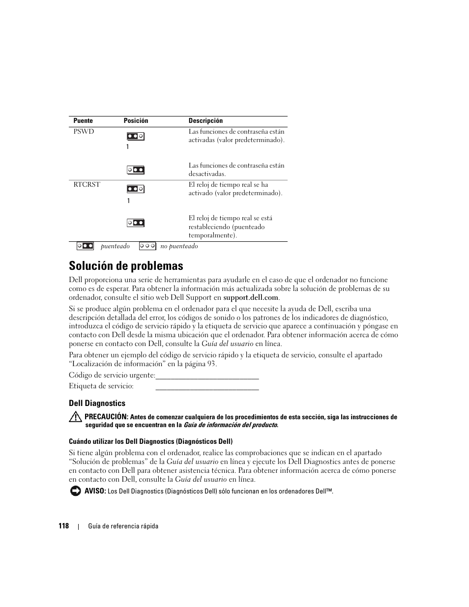 Solución de problemas, Dell diagnostics | Dell OptiPlex 320 User Manual | Page 118 / 132