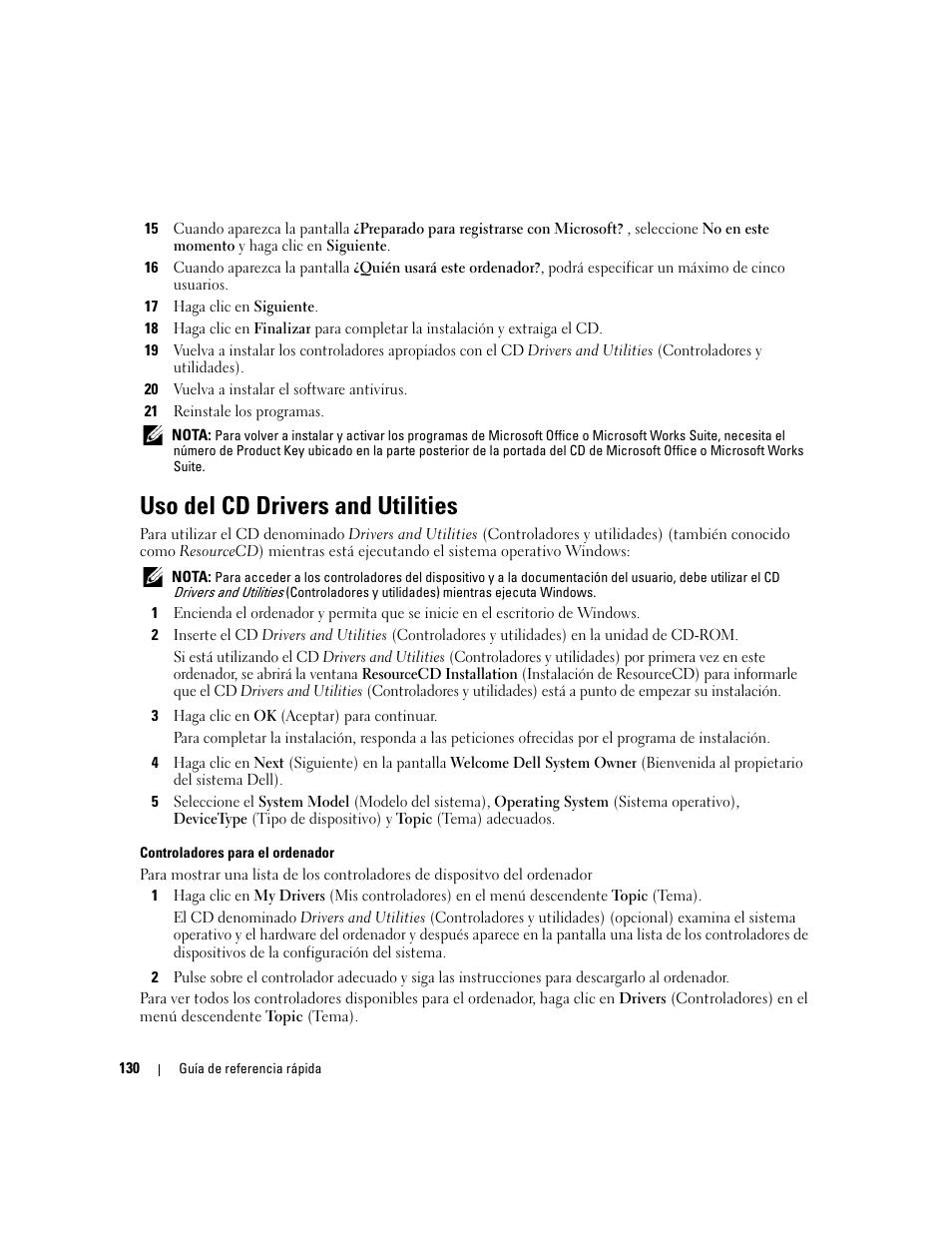 Uso del cd drivers and utilities | Dell OptiPlex 320 User Manual | Page 130 / 132