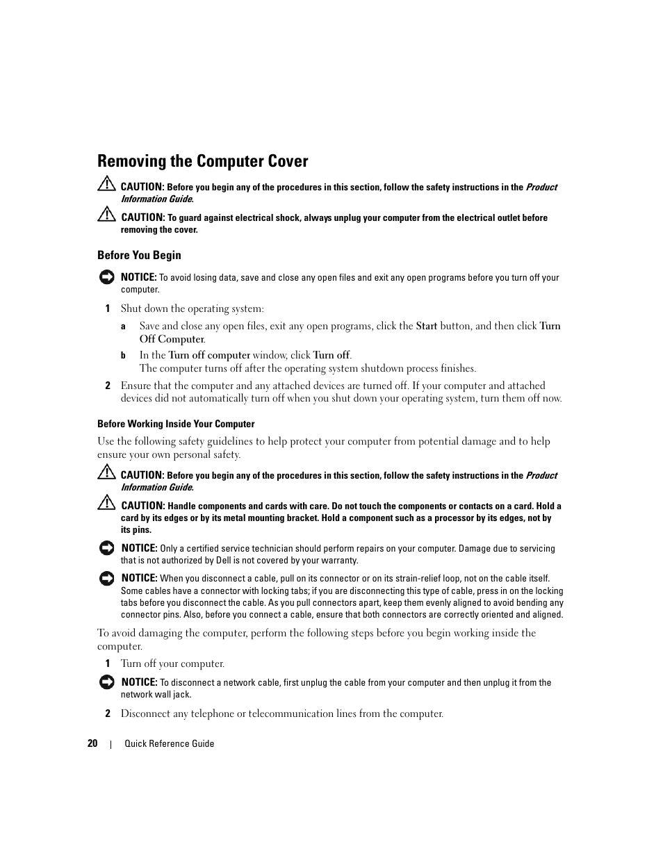 Removing the computer cover, Before you begin | Dell OptiPlex 320 User Manual | Page 20 / 132