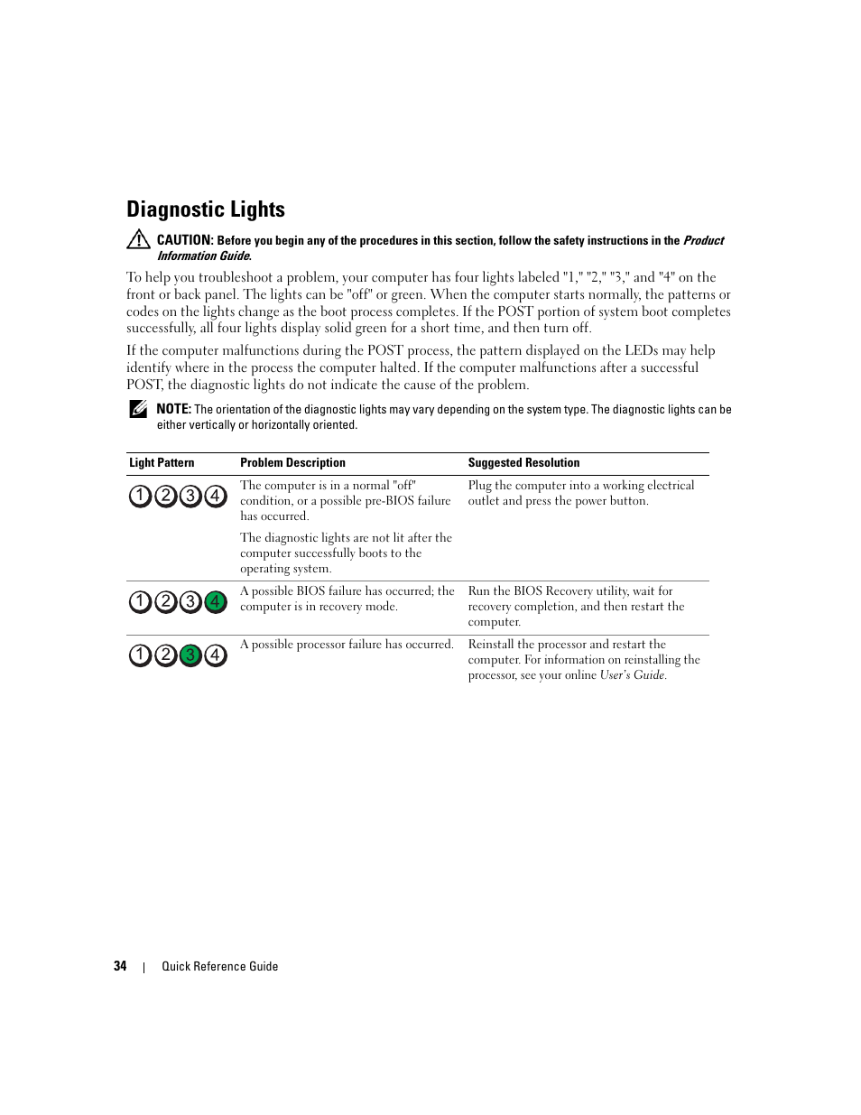 Diagnostic lights | Dell OptiPlex 320 User Manual | Page 34 / 132