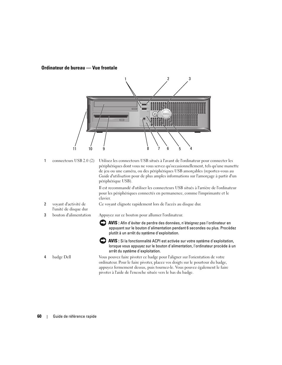 Ordinateur de bureau - vue frontale, Ordinateur de bureau — vue frontale | Dell OptiPlex 320 User Manual | Page 60 / 132