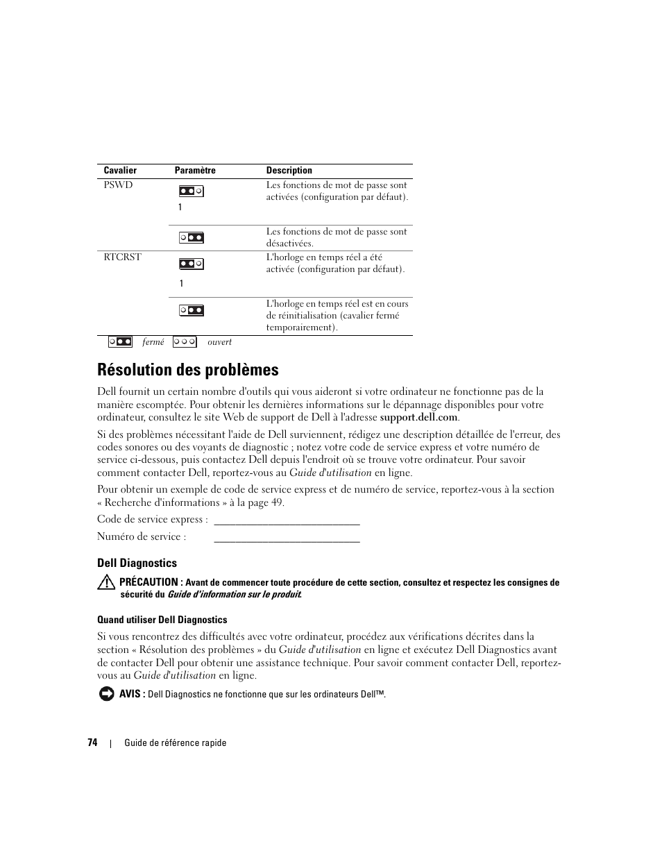 Résolution des problèmes, Dell diagnostics | Dell OptiPlex 320 User Manual | Page 74 / 132