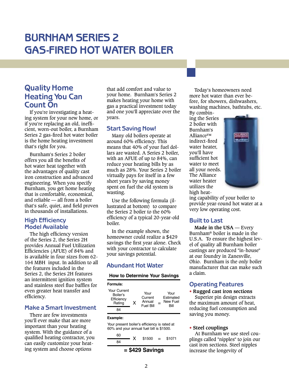 Burnham series 2 gas-fired hot water boiler, Quality home heating you can count on, Built to last | Operating features, High efﬁciency model available, Make a smart investment, Start saving now, Abundant hot water | Burnham SERIES 2 User Manual | Page 2 / 6