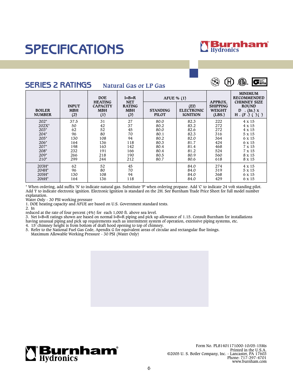 Specifications, Series 2 ratings, Natural gas or lp gas | Burnham SERIES 2 User Manual | Page 6 / 6