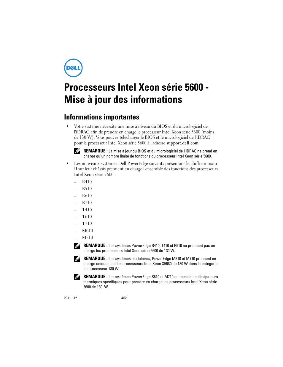 Informations importantes | Dell POWEREDGE R610 User Manual | Page 11 / 38