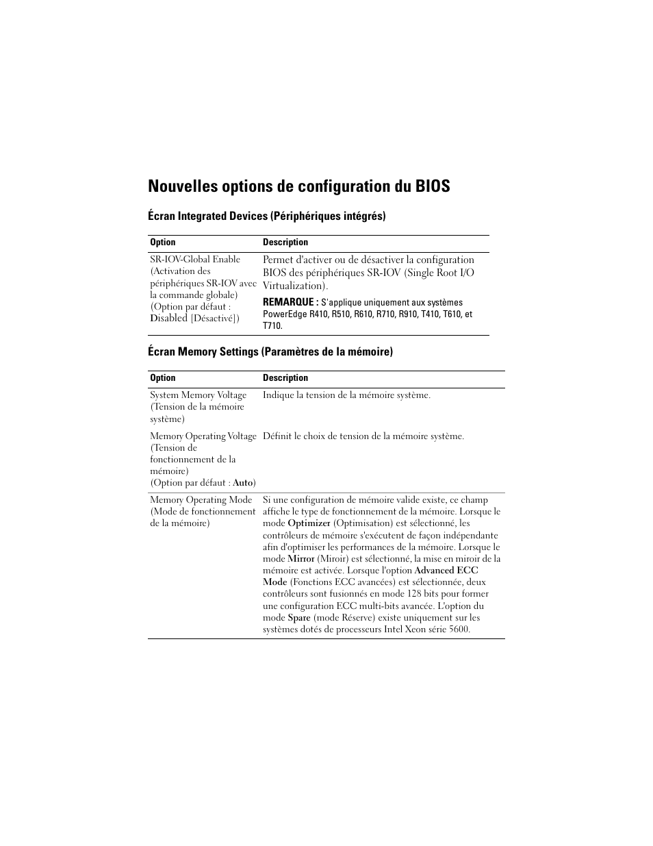 Nouvelles options de configuration du bios, Écran integrated devices (périphériques intégrés), Écran memory settings (paramètres de la mémoire) | Dell POWEREDGE R610 User Manual | Page 13 / 38