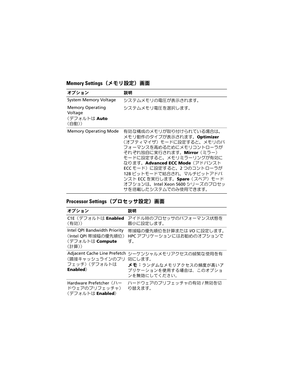 Memory settings（メモリ設定）画面, Processor settings（プロセッサ設定）画面 | Dell POWEREDGE R610 User Manual | Page 25 / 38