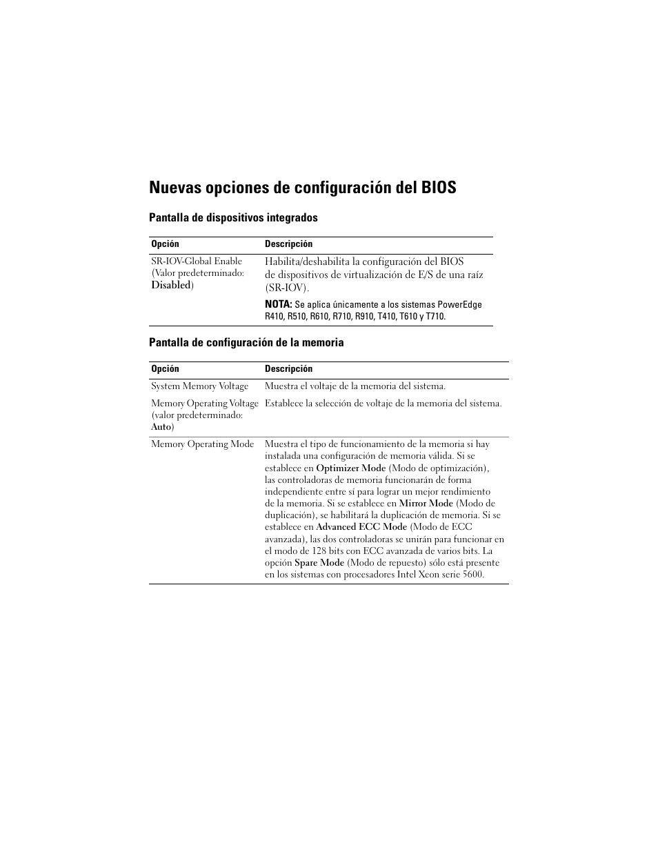 Nuevas opciones de configuración del bios, Pantalla de dispositivos integrados, Pantalla de configuración de la memoria | Dell POWEREDGE R610 User Manual | Page 35 / 38
