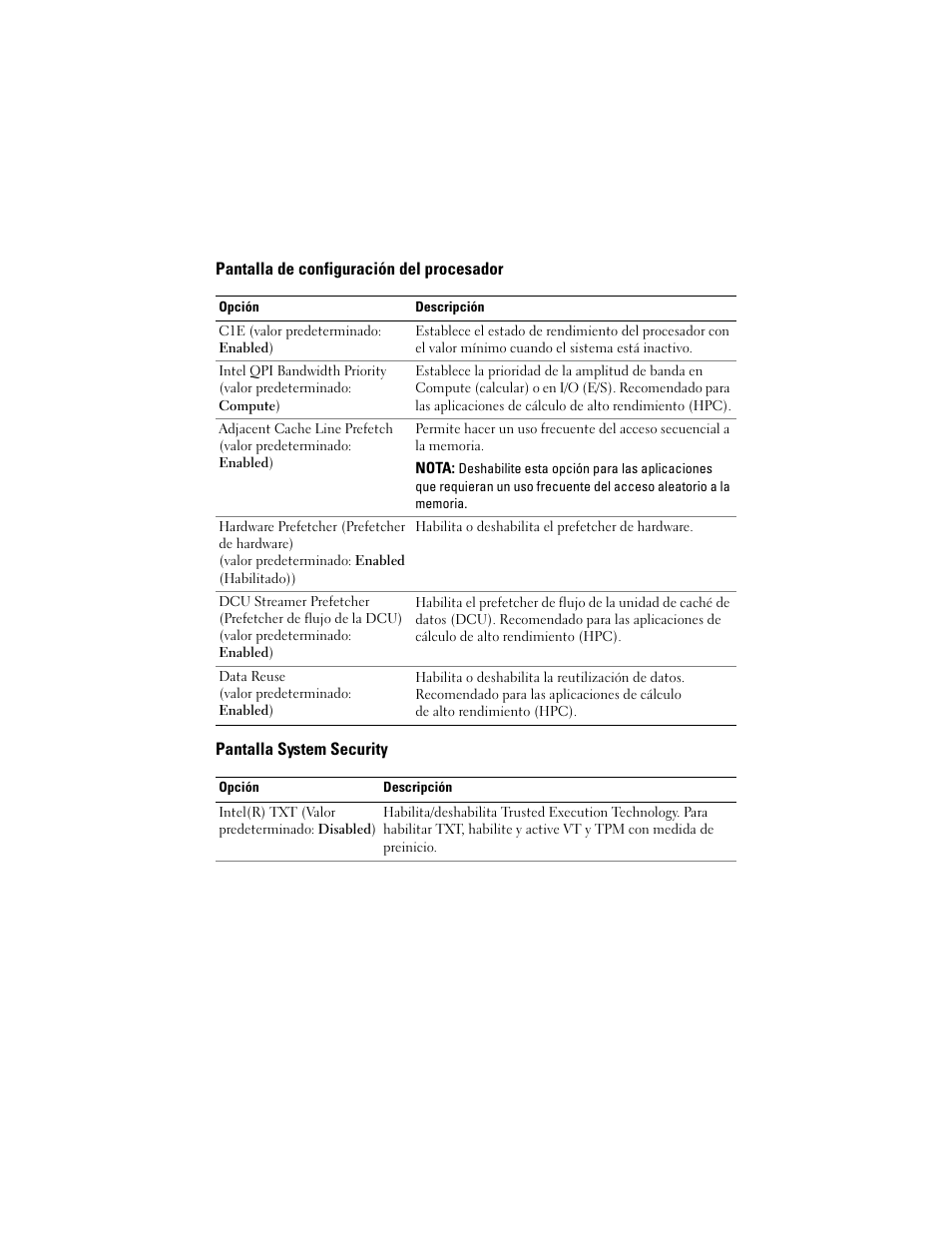 Pantalla de configuración del procesador, Pantalla system security | Dell POWEREDGE R610 User Manual | Page 36 / 38