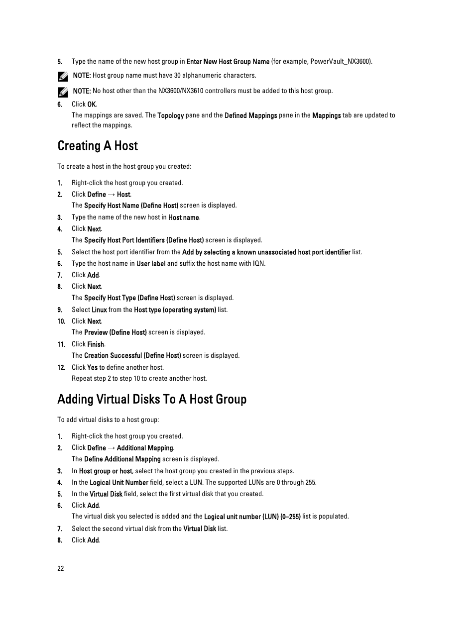 Creating a host, Adding virtual disks to a host group | Dell PowerVault NX3600 User Manual | Page 22 / 31